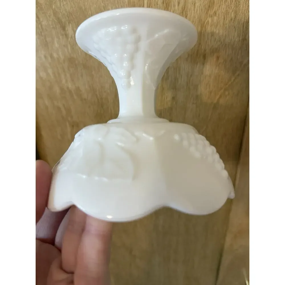 Vintage Candlestick Holder White Milk Glass with Grapes and Leaves Bowl